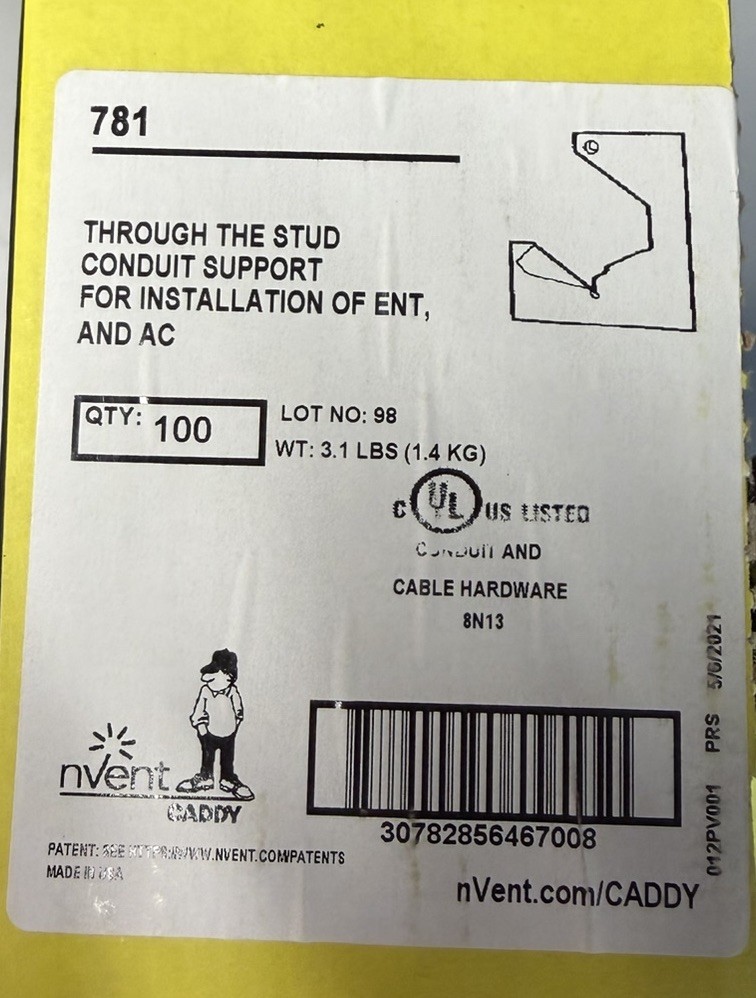 Box Of 100- Erico/Caddy 781 Through The Stud Conduit Support 1”, New Open Box