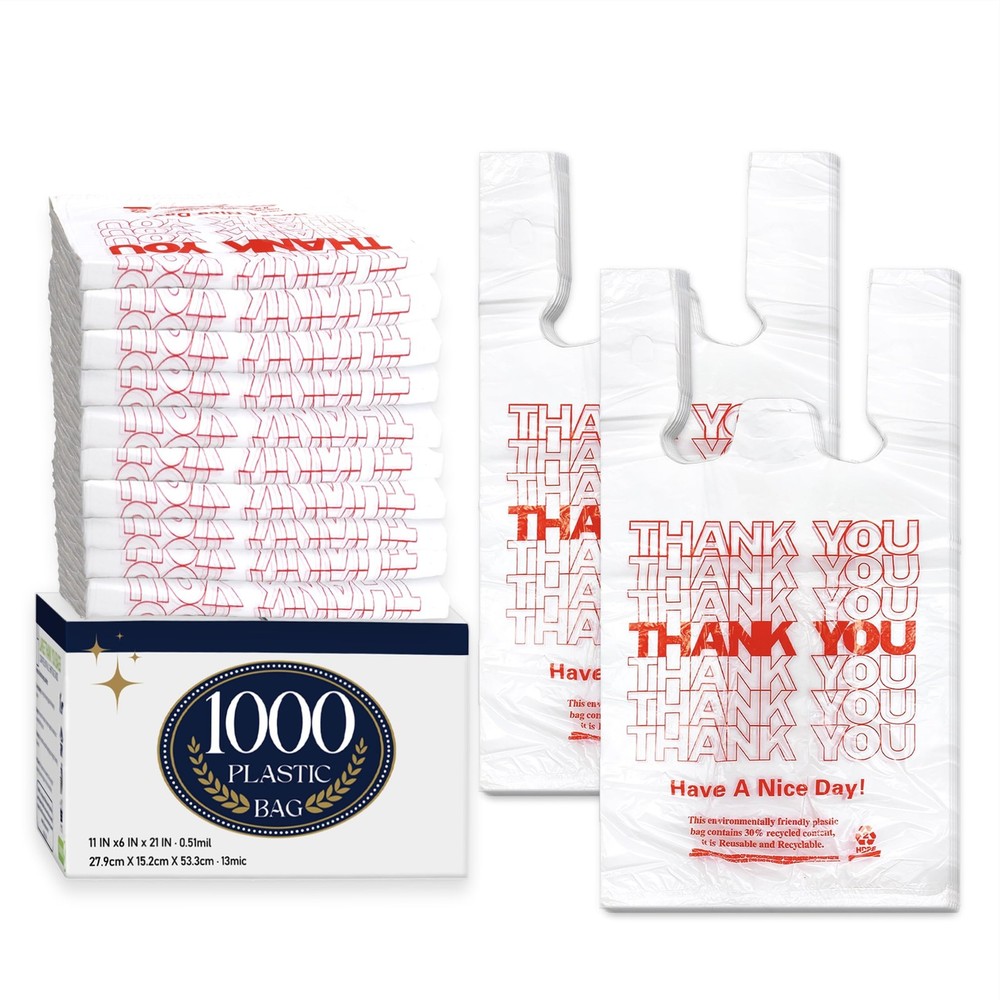 YoYoRain 1000 Pack White Thank You T-Shirt Bags with Handles, Large,