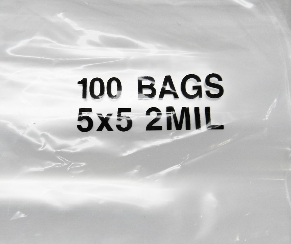 500 5×5 Zip Seal Squeeze Lock Bags 2mil Clear Poly Reclosable 5″ Square Baggies