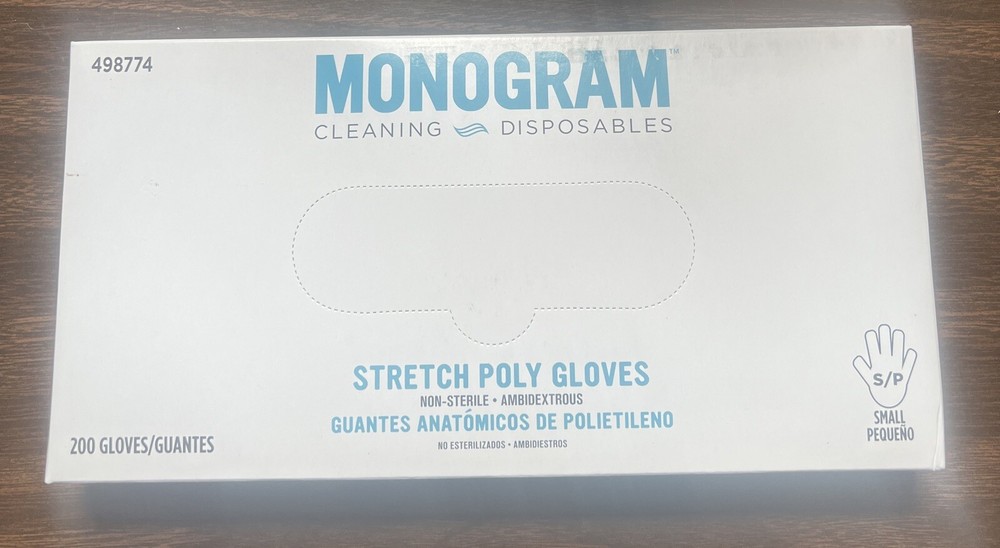 1 Box 200 Clear GLOVES MONOGRAM DISPOSABLE Cleaning STRETCH Poly Size Small 10”