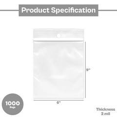 1000 Pcs 6″ x 9″ 2 Mil Zipper Plastic Reclosable Bags with Hang Hole