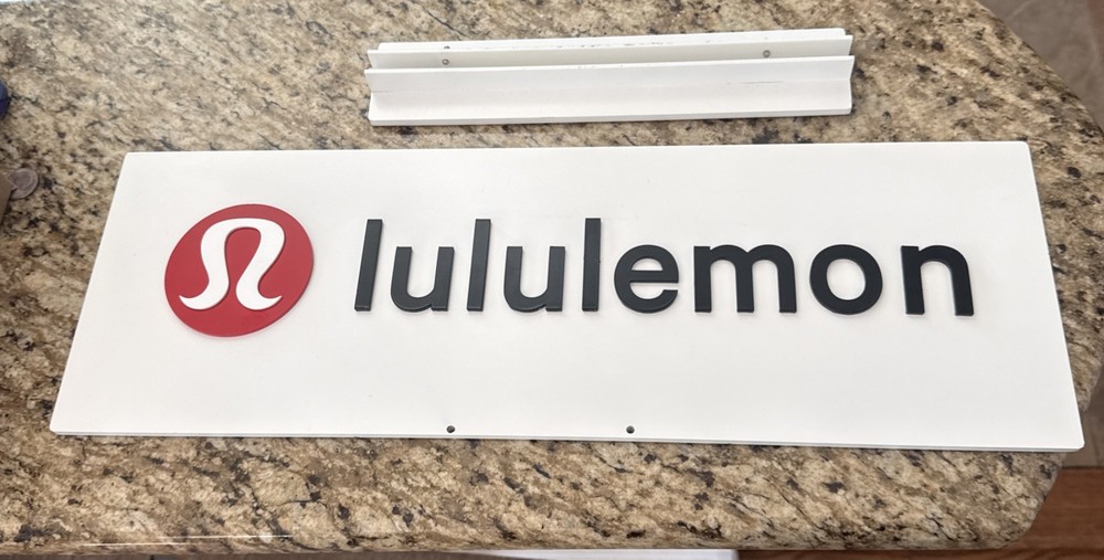 Lululemon White Retail Storefront 22×7 1/2 Sign 3D Textured Metal With Stand