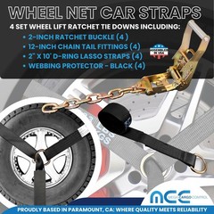 16 Pcs 2″ x 10′ Ratchet Wheel Lift Lasso Strap w/ Chain Extension For Tow Truck