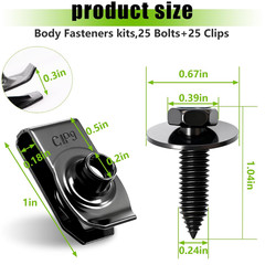 50PCS 1/4 U-Nut Clips & Hex Head Automotive Body Fender Bolts Kit,For Most Cars