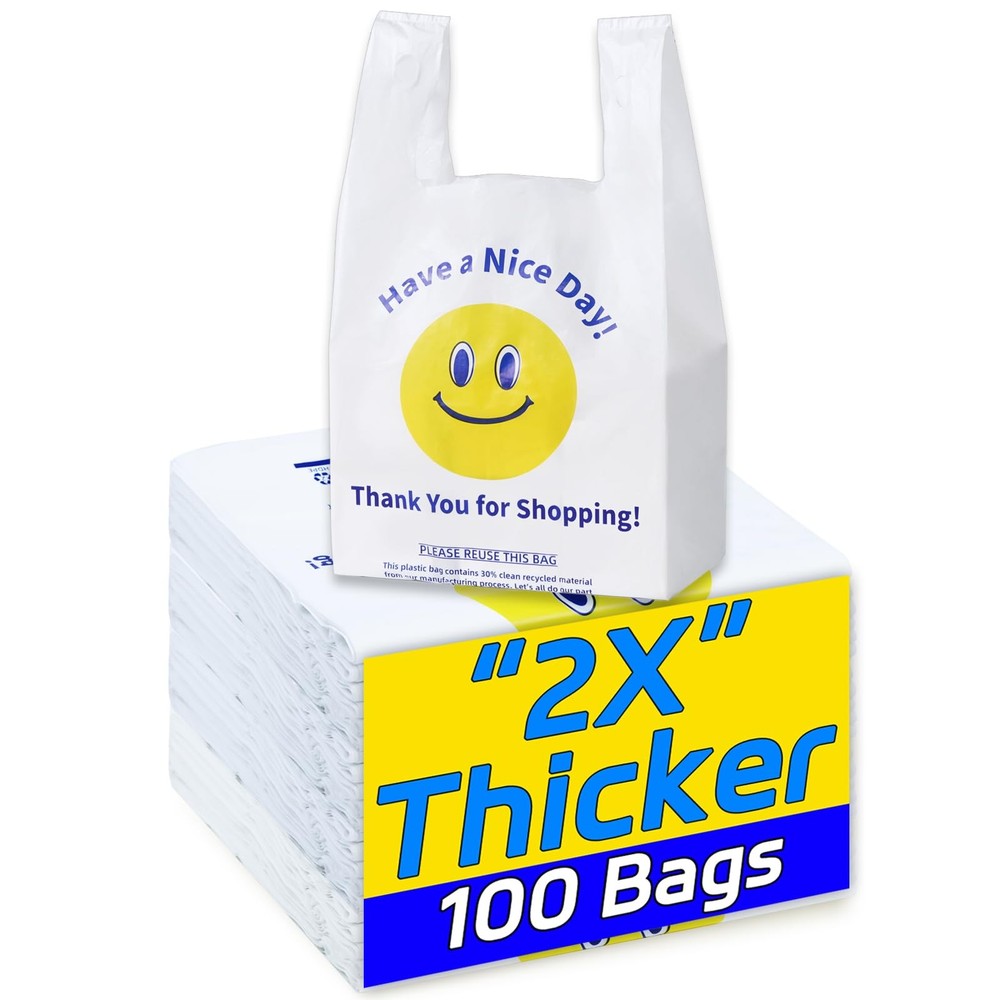 100 White Heavy Duty Thank You Plastic T-Shirt Shopping Bags, 0.8 Mil 11x6x21″