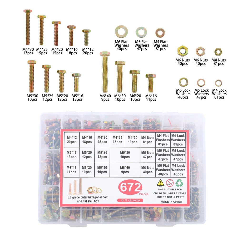672 Pack Metric Bolts Nuts Assortment Kit Hex Head Grade 8.8 Alloy Steel