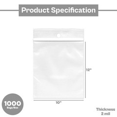 1000 Pack – 2 Mil Reclosable Bag with Hang Hole – 10″ x 12″ (1 Box)