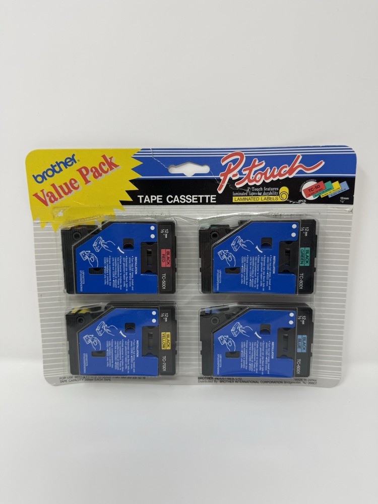 4 pack P Touch TC-50 Tape Black on Red or Yellow or Blue or Green 1/2″ x 25′ NEW