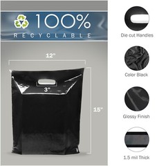 100 Pack 12″ x 15″ with 1.5 mil Thick – Black Merchandise Plastic Shopping Bags