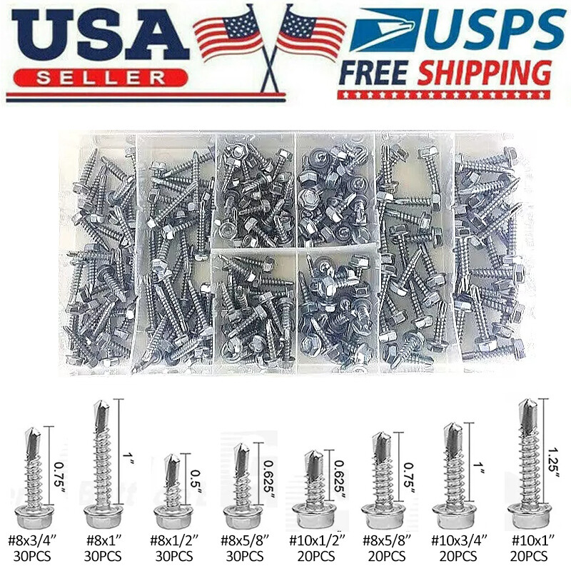 200 Pcs Self Drilling /Tapping Sheet Metal Screws Hex-Washer Head Assortment SAE