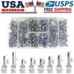 200 Pcs Self Drilling /Tapping Sheet Metal Screws Hex-Washer Head Assortment SAE