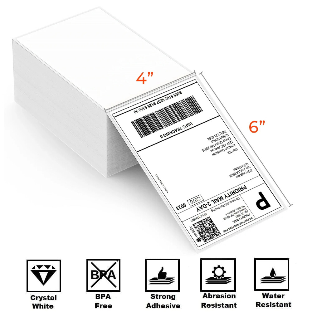1000 4 x 6 Fanfold Direct Thermal Shipping Labels White For Zebra Rollo Printer