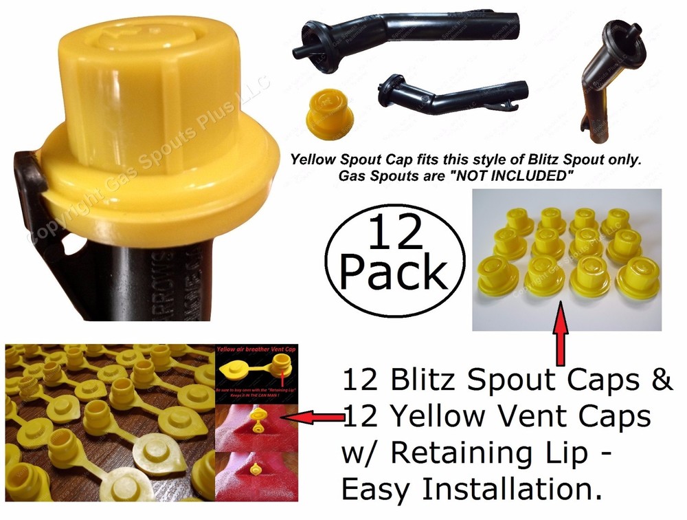 24pcs total NEW Combo Pk 12 BLITZ Yellow Spout Caps +12 YELLOW GAS CAN VENT CAPS