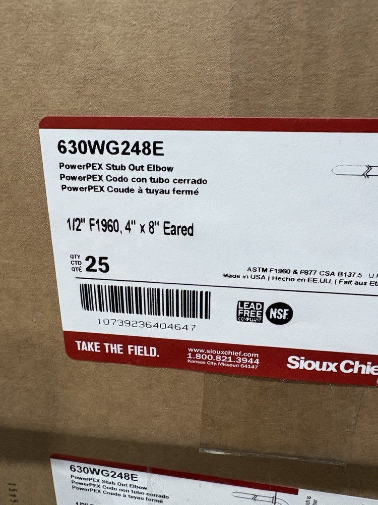 Sioux Chief 630WG248E 1/2 x 4 x 8 Stubout Elbow Fitting Square Lot 25 Case