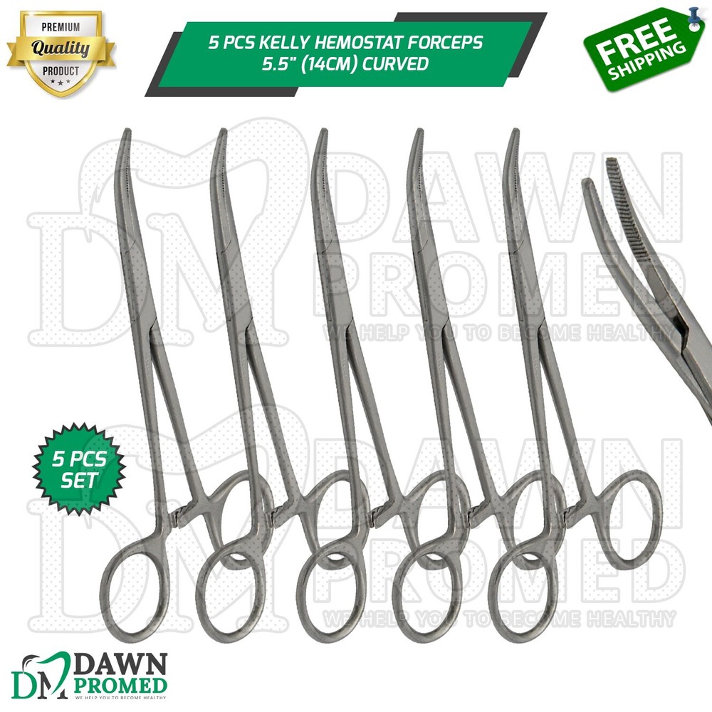 5 Pcs Kelly Hemostat Forceps Curved 5.5″ Locking Clamp Surgical Dental German Gr