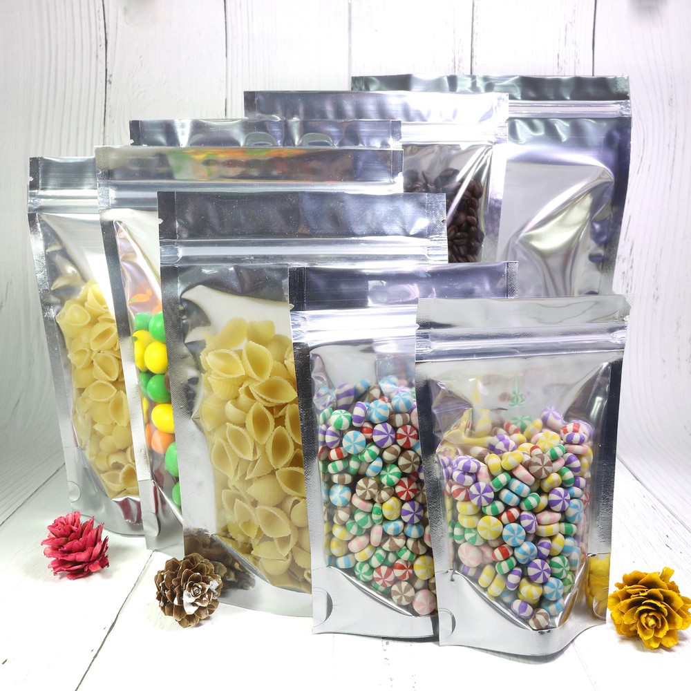 100 Pcs Food Safe Silver QuickQlick™ Stand Up Bag with Single Sided Clear Window