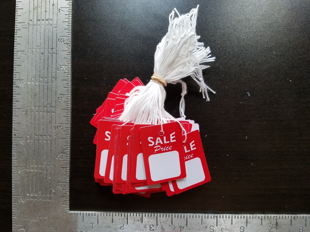 100 Red White Sale Price Tags w/ String Merchandise Garment Hang Coupon Small