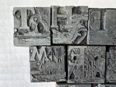 Vtg Type Set Print Block Letter Nautical Illustrated People Dining Cooking Scene