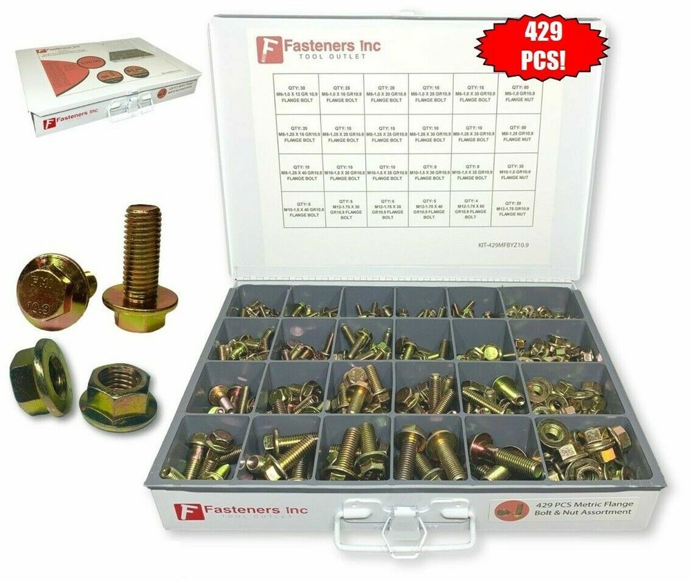 Grade 10.9 Metric Flange Bolt & Flange Nut Assortment 429 Piece Kit Yellow Zinc