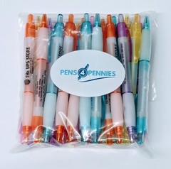 30ct Lot Misprint Retractable Click Pens w/Grip: TRANSLUCENT Pink/Purple/ & More
