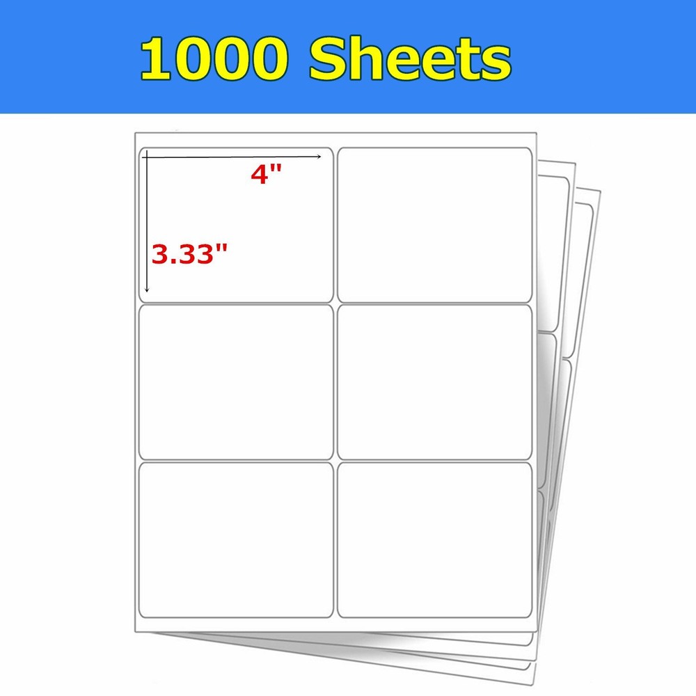 6000 4″ x 3 1/3″ Laser Ink Jet Address Shipping Self Adhesive Labels 6 per sheet