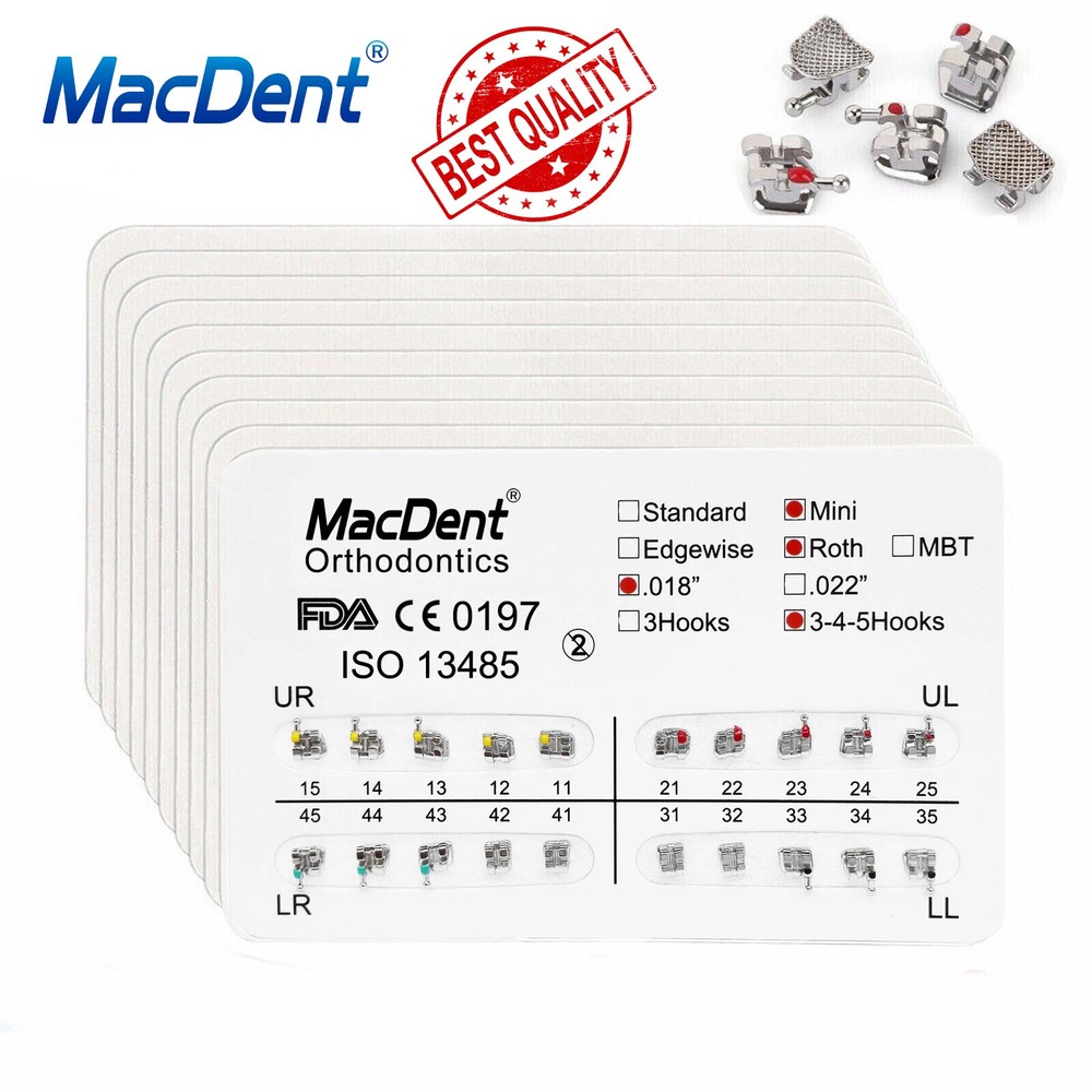 MacDent Dental Orthodontic Bracket Braces Mini Roth/MBT 022 Hooks 345/Arch Wires