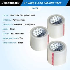 Sandbaggy 4″ Wide Clear Packing Tape Rolls (110 yards) – Poly Shipping Tape