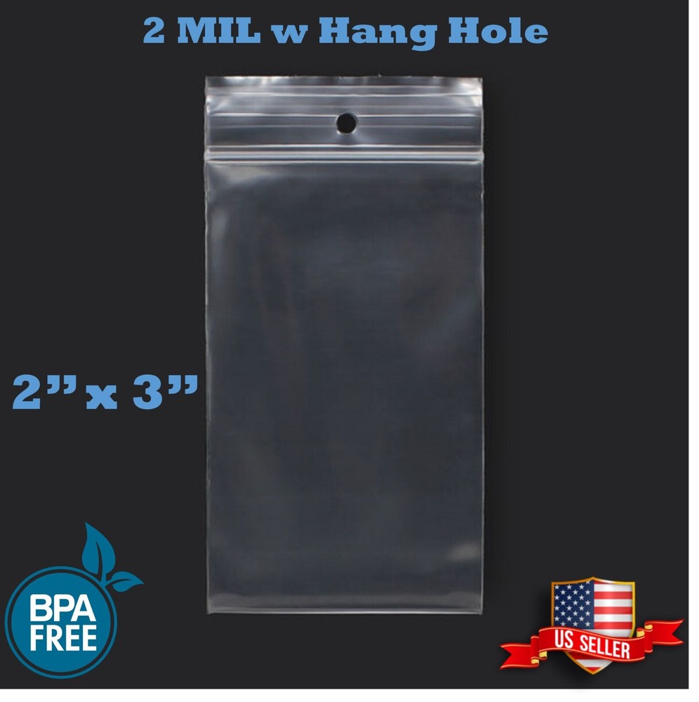 2″ x 3″ Zip Seal Reclosable 2Mil Plastic Top Lock Bags Hang Hole Jewelry 2 Mil