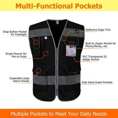 Black Safety Vest for Men Women 9 Pockets High Visibility Reflective Vest for…