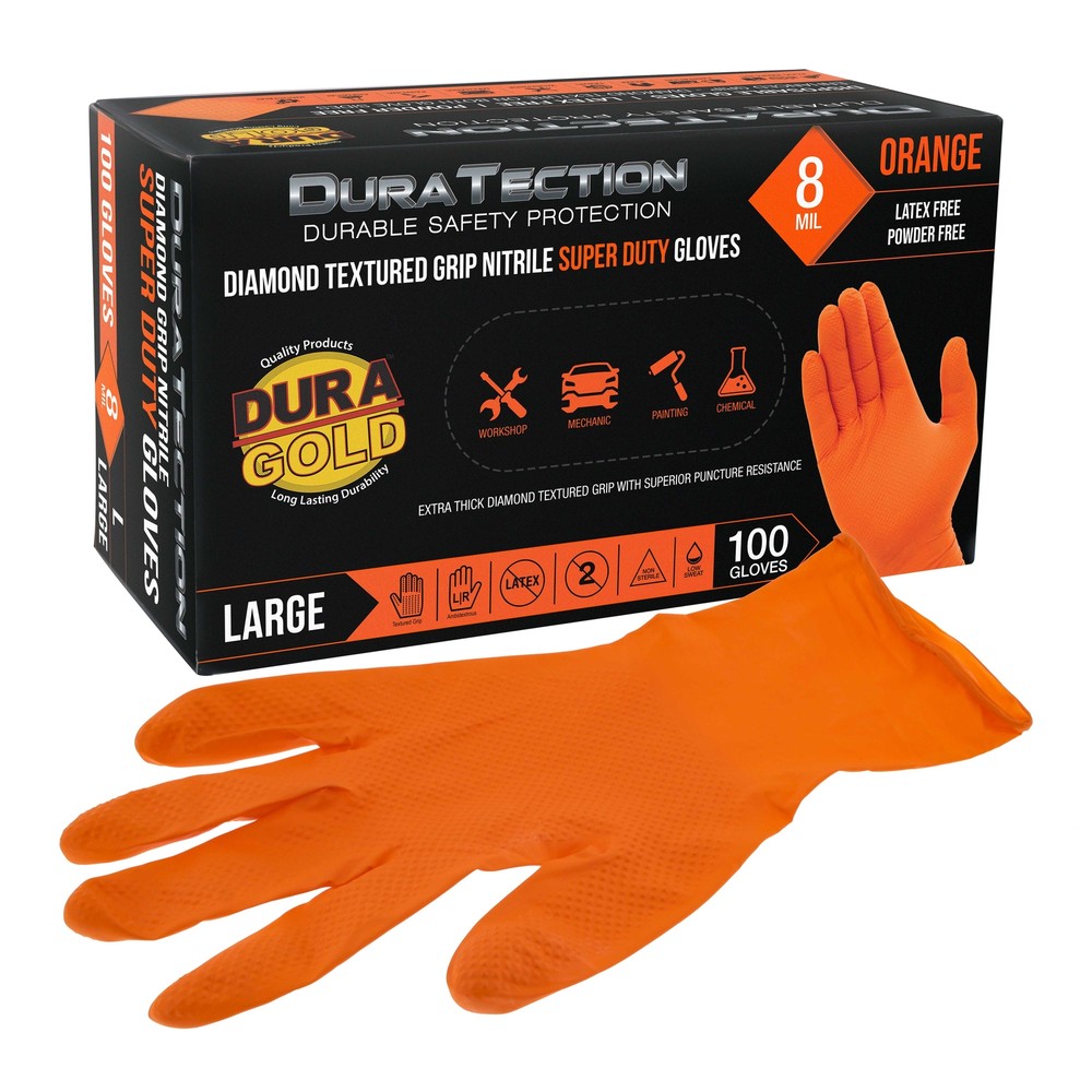 Duratection 8Mil Super Duty Diamond Textured Nitrile Gloves, Box of 100, Large
