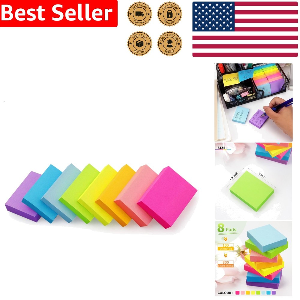 800 Sheets 1.5×2 Inch Sticky Notes 8 Pads Bright Colors Self-Stick Reminder Pads