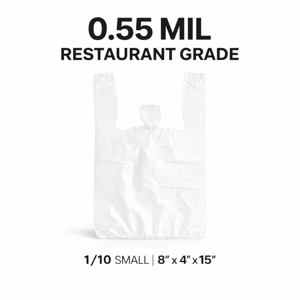 8x4x15 White T-Shirt Grocery Bags 0.55 Mil HDPE Plastic 1/10 Small Bulk