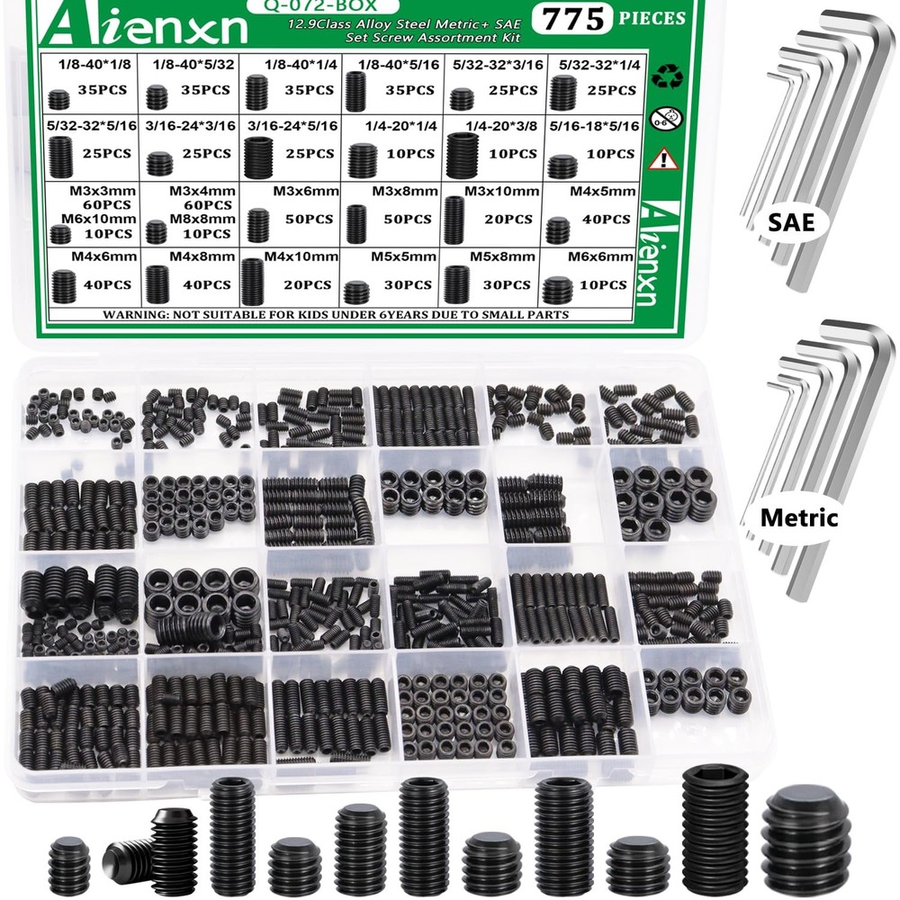 775PCS Metric +SAE Set Screw Assortment Kit, Hex Socket Head Cup Point Set Screw