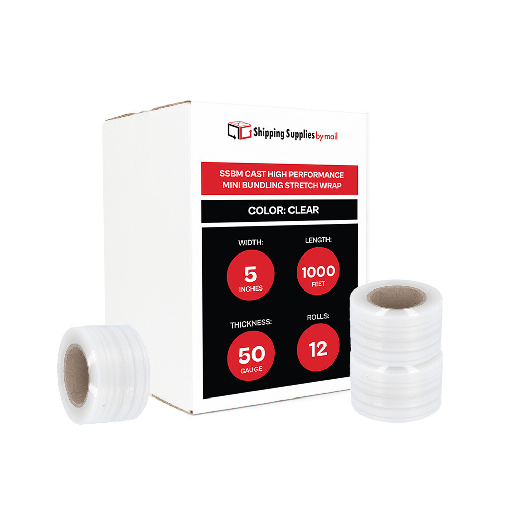 12 Rolls Stretch Wrap Plastic Bundle Banding Film 5″ x 1000′ + 1 Plastic Handle