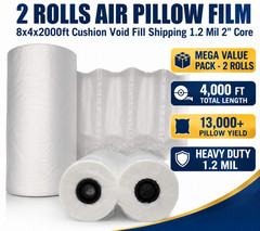 2 Rolls Air Pillow Film 8x4x2000ft Cushion Void Fill Shipping 1.2 Mil 2″ Core