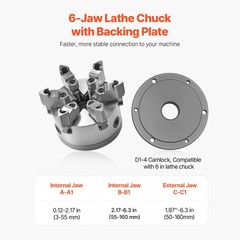 6 Inch 6-Jaw Self-Centering Lathe Chuck with D1-4 Cam Lock Backing Plate