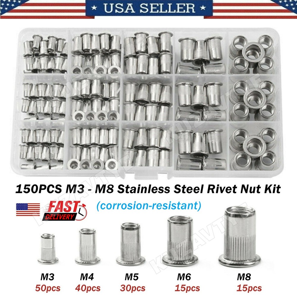 150~615X Stainless Steel Rivet Nut Kit Metric Rivnuts Nutsert Assorted M3-M8 Set