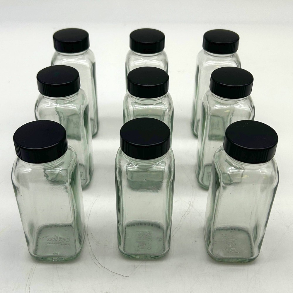 4 oz Clear Glass French Square Bottles w/ Black Caps Berlin Packaging 117191 9pk