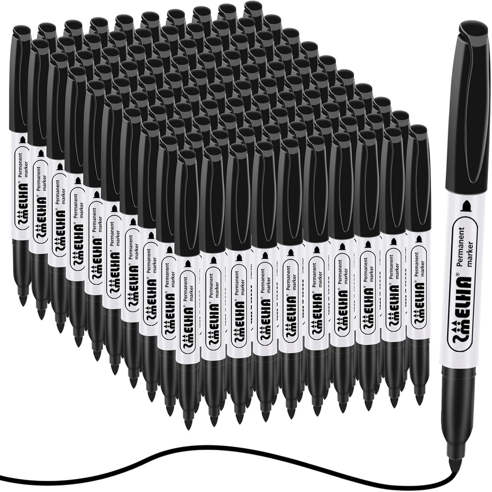 SMELHA Permanent Markers, 100 Pack Black Permanent Marker Pens, Black Permanent