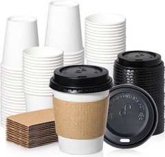 50 Pack 8 oz Eco-Friendly Disposable Coffee Cups with Lids & Sleeves – Leak-P…