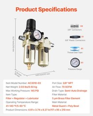 VEVOR Air Compressor Filter Regulator Lubricator 3/8″ NPT Semi-Auto 145PSI Max