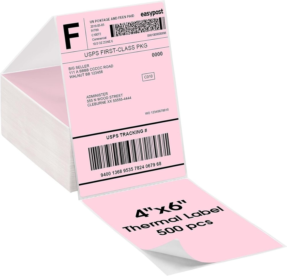 1000 4×6 Fanfold Direct Pink Thermal Labels for Zebra and Rollo Printers