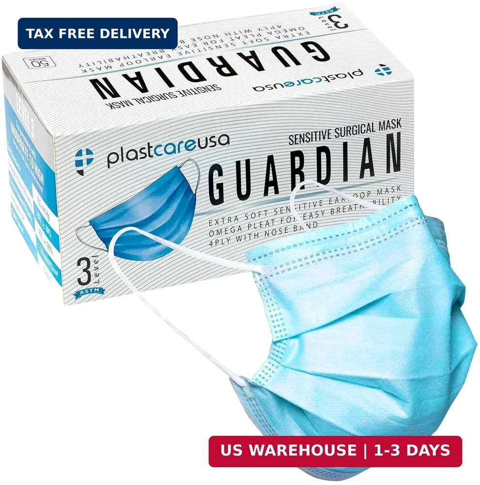 PlastCare USA Box of 50 4-Ply ASTM Level 3 Face Masks, Disposable (Blue)