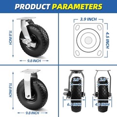 4Pcs 10″ Flat-Free Wheel 2 Rigid + 2 Swivel Cart Caster Black Durable
