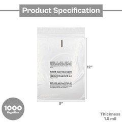 Clear Resealable Poly Bag 9″ x 12″ Suffocation Warning 1.5 Mil 1000 Pieces