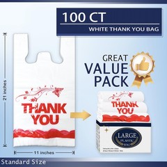 100 Pcs White Thank You Bags T Shirt Bags To Go Grocery Reusable Disposable