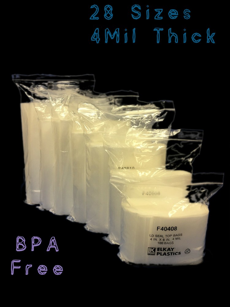 2×3 to 24×24 Elkay Plastics Clear Zip Lock Seal Top Reclosable Poly Bags 4 Mil