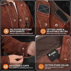JASIC Leather Welding Jacket Split Cowhide Flame Resistant for Heavy Duty Welder