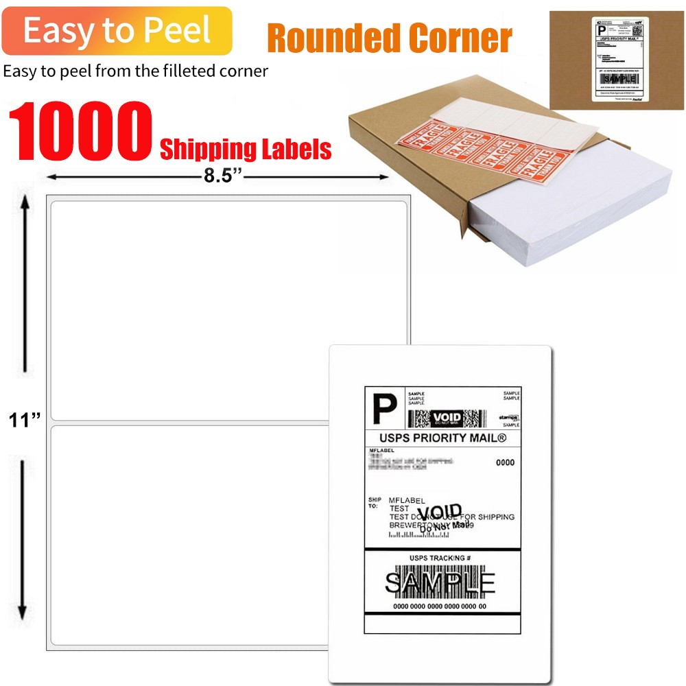 1000 Shipping Labels 8.5″x5.5″ Rounded Corner Self Adhesive 2 Per Sheet Blank US