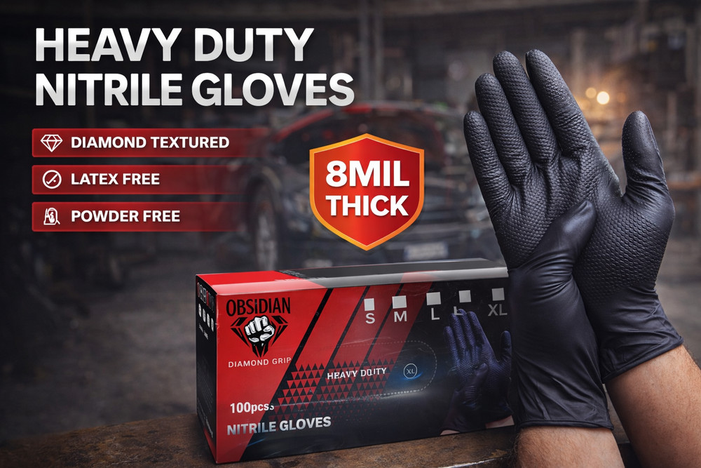 Obsidian Diamond Grip Black Nitrile Gloves 8 Mil, Diamond Texture Box of 100Pcs